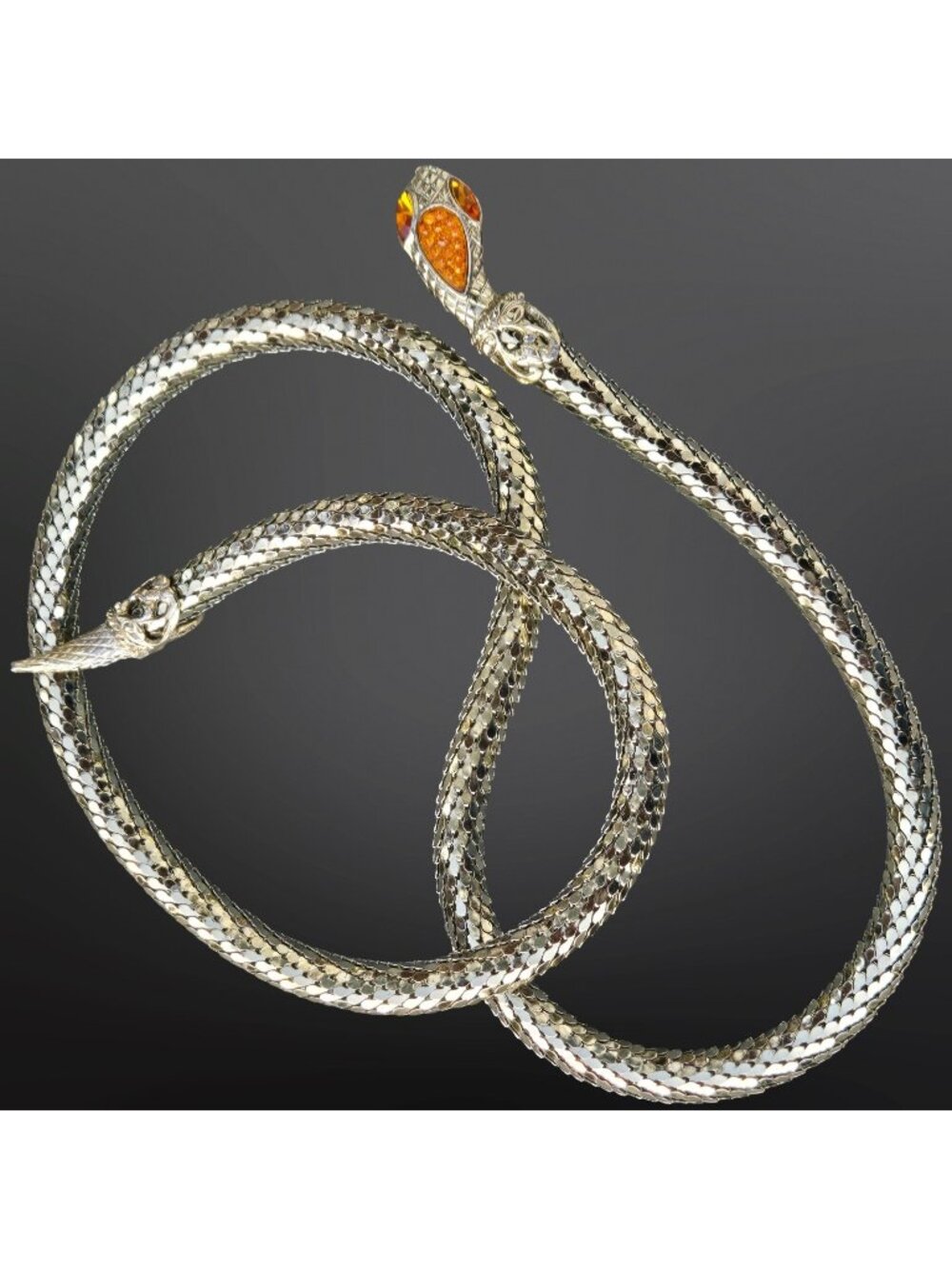 Vintage 60s Whiting & Davis Gold Mesh Snake Necklace Belt Amber Rhinestone 35"
